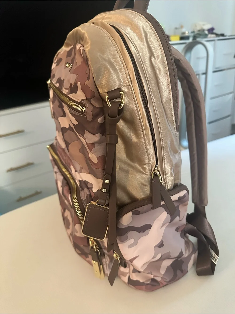 Tumi Pink Voyageur Carson Camo Backpack with Gold Hardware